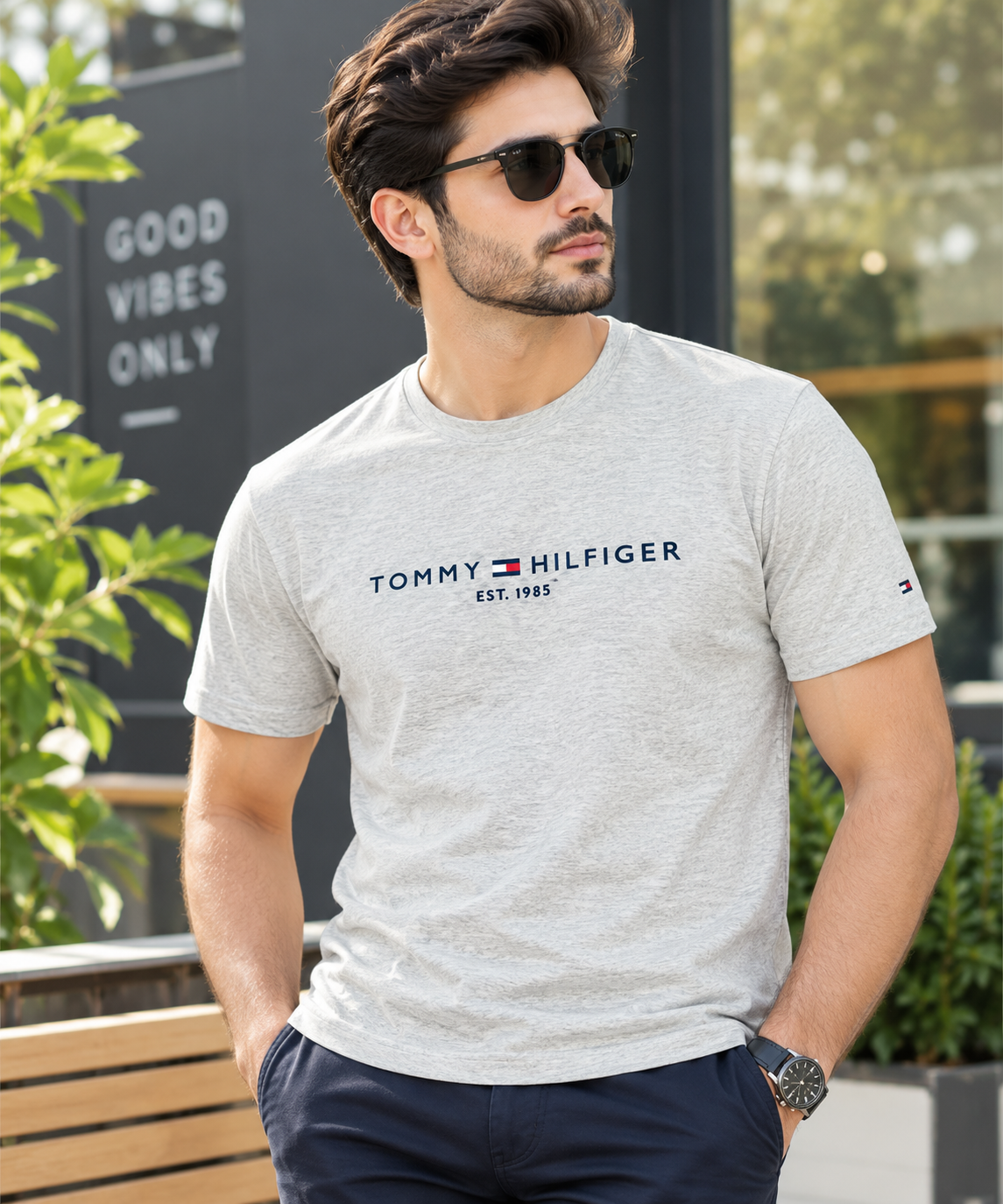 Tommi Grey embroidery Down Shoulder 100% Cotton T-Shirt