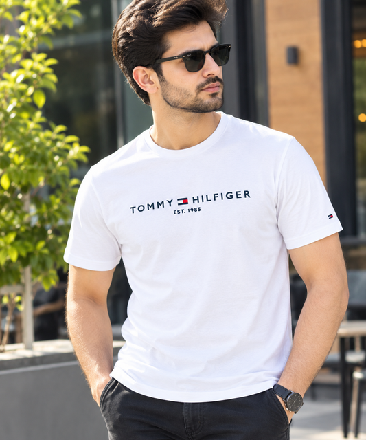 Tommi White Embroidery Down Shoulder 100% Cotton T-Shirt