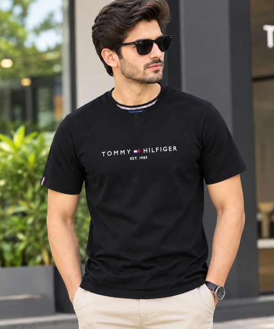 Tommi Black Embroidery Down shoulder 100% cotton T- shirt